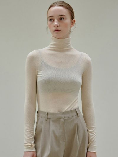 NICK&NICOLE Turtleneck Slim Knit Top (Light Beige)