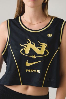 Nike Nike Sportswear Sleeveless Cropped Jersey Top in Black/Buff Gold, Women's at Urban Outfitters