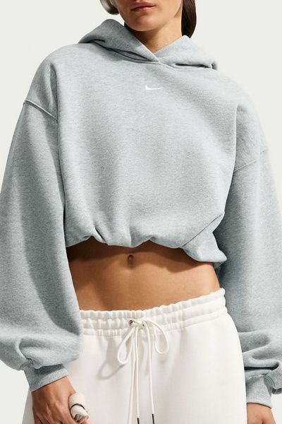 Nike Nike Studio Fleece Oversized Cropped Hoodie Sweatshirt in Dark Grey, Women's at Urban Outfitters