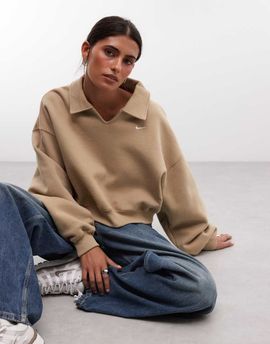 Nike Nike Studio Fleece Oversized cropped polo shirt in beige-Green