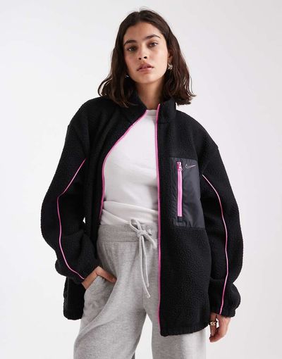Nike Nike teddy fleece jacket in black and pink