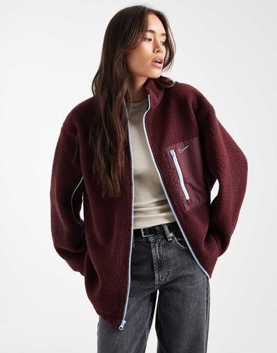 Nike Nike teddy fleece jacket in burgundy and blue-Red