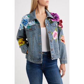 NIKKI LUND NIKKI LUND Blossom Embroidered Floral Appliqué Denim Trucker Jacket