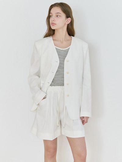 NILBY P 25N Linen Collarless Minimal Jacket [WH/ST]