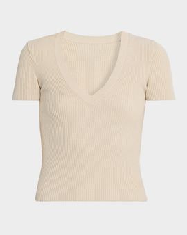 Nili Lotan Italia Cotton-Silk Rib Short-Sleeve V-Neck Sweater