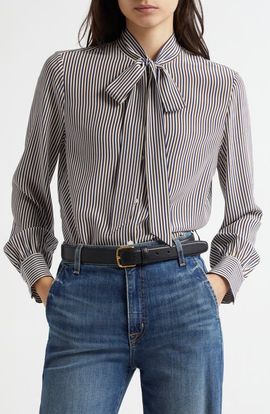 Nili Lotan Nili Lotan Irina Stripe Tie Neck Silk Button-Up Shirt
