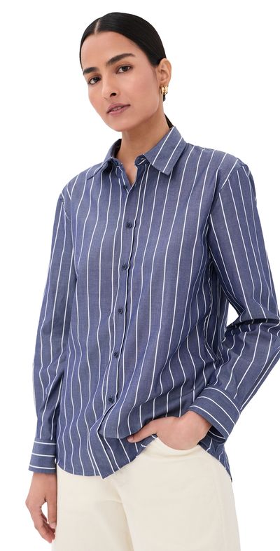 Nili Lotan Raphael Classic Shirt Large Midnight White Stripe