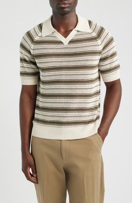 NN07 NN07 Cale 60056 Stripe Johnny Collar Linen Blend Polo Sweater