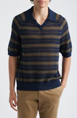 NN07 NN07 Cale 60056 Stripe Johnny Collar Openwork Linen & Cotton Polo Sweater