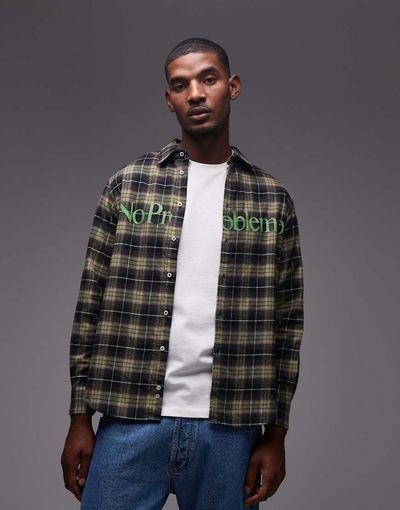 No Problemo No Problemo long sleeve cotton shirt with logo in green plaid
