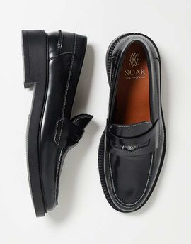 Noak Noak made in Portugal penny loafers in black leather with contrast stitch and gold hardware