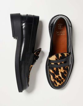 Noak Noak made in Portugal penny loafers in black leather with cow hair vamp in leopard print