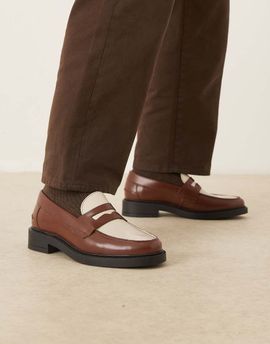 Noak NOAK made in Portugal penny loafers in tan and cream leather-Brown