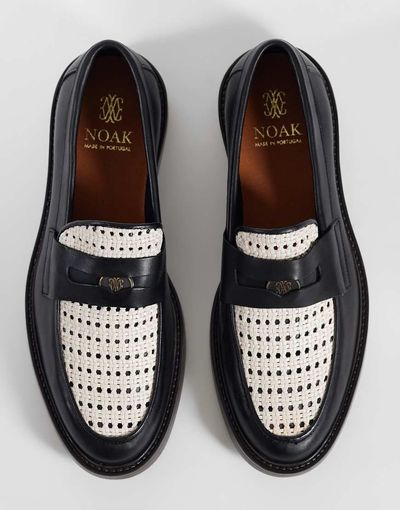 Noak NOAK made In Portugal penny loafers with coin detail and raffia apron in black leather