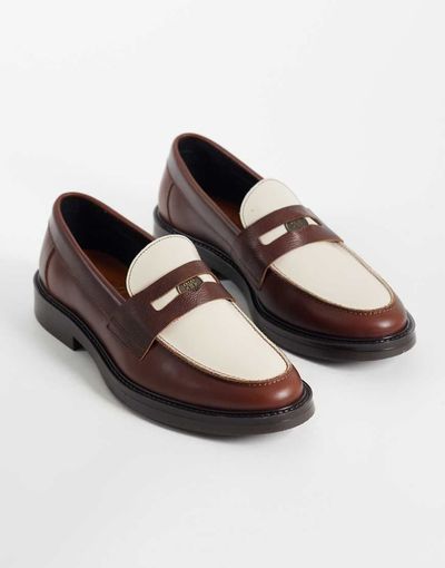 Noak NOAK made In Portugal penny loafers with coin detail in brown and cream leather