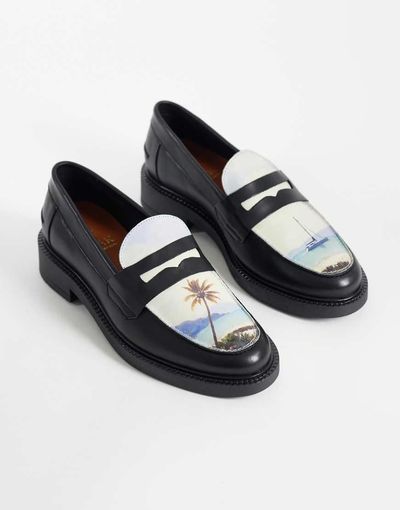 Noak NOAK made In Portugal penny loafers with landscape graphic in black leather