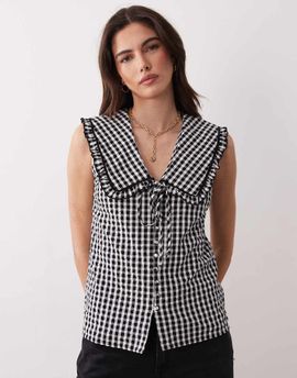 Nobody's Child Nobody's Child Blair blouse with ruffle trim collar in black and white gingham