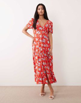 Nobody's Child Nobody's Child Bonnie v-neck short sleeve midi dress in red floral print