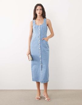 Nobody's Child Nobody's Child cotton denim button down fitted midi dress in light wash blue