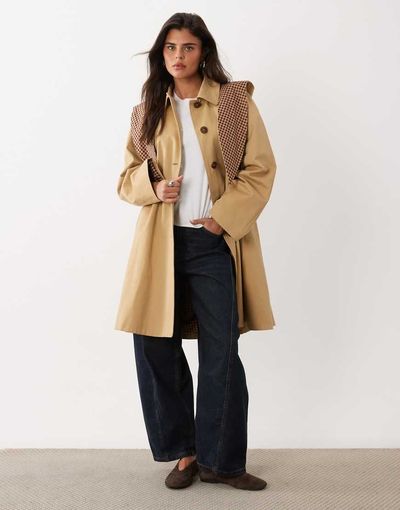 Nobody's Child Nobody's Child cotton mid length trench coat with contrast gingham removable hooded scarf in beige-Neutral
