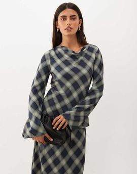 Nobody's Child Nobody's Child Cruz satin cowl neck long sleeve top in blue and green plaid - part of a set
