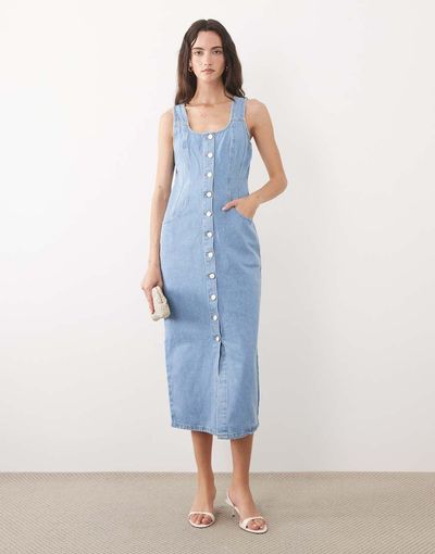 Nobody's Child Nobody's Child denim button down fitted midi dress in light wash blue