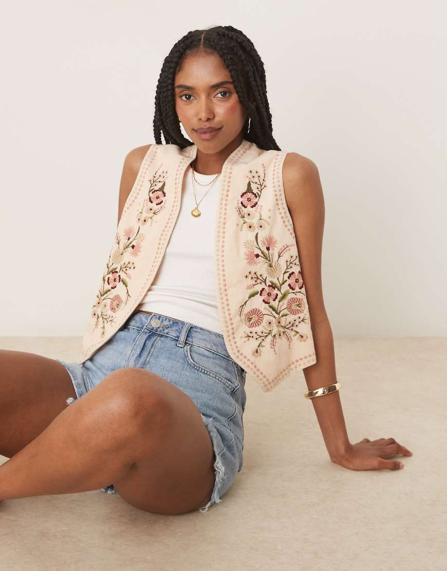 Nobody's Child - embroidered vest with studded trim in ivory-White