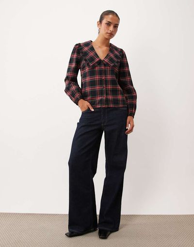 Nobody's Child Nobody's Child Emmie cotton oversized frill trim collar button front blouse in red check-Multi