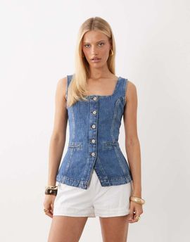 Nobody's Child Nobody's Child Ezra cotton denin square neck waistcoat in mid wash blue