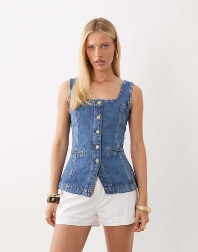Nobody's Child Nobody's Child Ezra cotton denin square neck waistcoat in mid wash blue