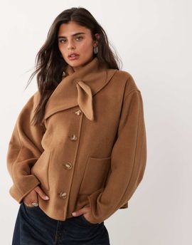 Nobody's Child Nobody's Child felt tie scarf detail drop shoulder coat in camel-Neutral