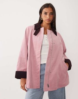 Nobody's Child Nobody's Child Freddie corduroy contrast collar rolled cuff detailing barn jacket in pink