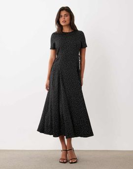 Nobody's Child Nobody's Child Gaia round neck tie waist detail midi dress in black polka dot print