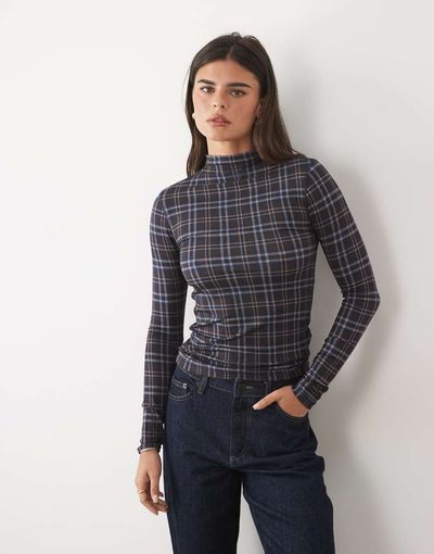 Nobody's Child Nobody's Child grown on neck long sleeve top in blue plaid
