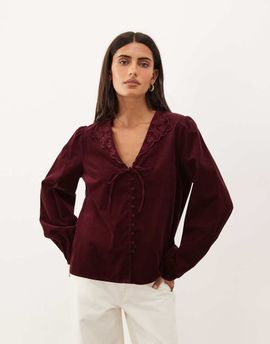 Nobody's Child Nobody's Child Isla embroidered collar tie front long sleeve corduroy top in burgundy
