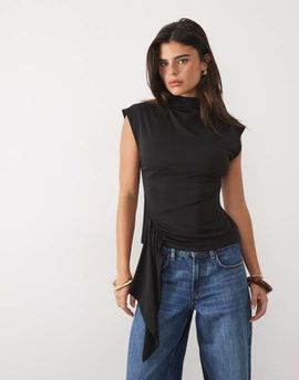 Nobody's Child Nobody's Child jersey high neck cap sleeve tie detail top in black