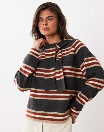 Nobody's Child Nobody's Child knit round neck sweater with scarf detail in multi striped print