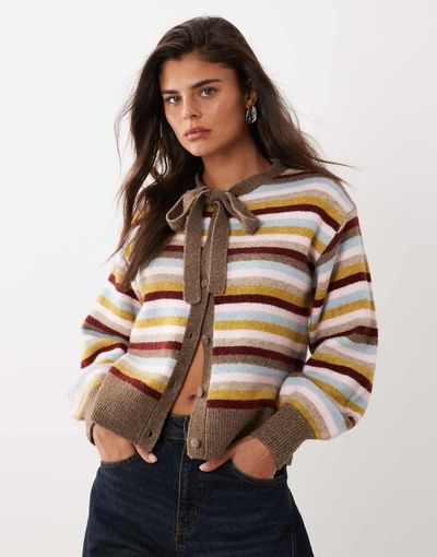 Nobody's Child Nobody's Child knit tie detail long sleeve cardigan in multi stripe