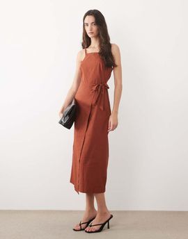 Nobody's Child Nobody's Child Kourtney linen blend wrap front cami midi dress in brown
