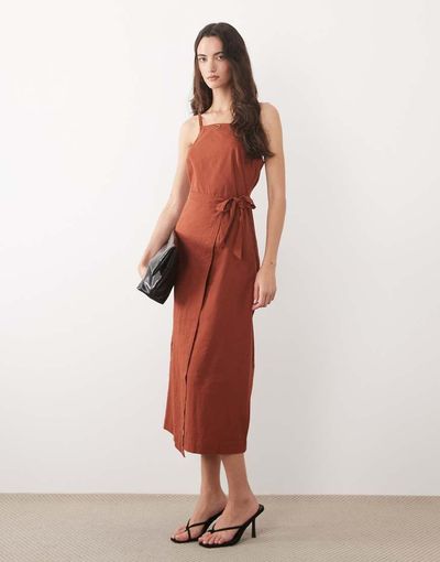 Nobody's Child Nobody's Child Kourtney linen blend wrap front cami midi dress in brown