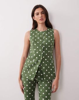 Nobody's Child Nobody's Child Longline button down vest in polkadot green - part of a set