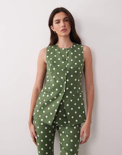Nobody's Child Nobody's Child Longline button down vest in polkadot green - part of a set