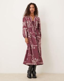 Nobody's Child Nobody's Child Monroe vest midi dress in burgundy paisley print-Red