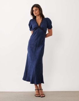 Nobody's Child Nobody's Child Nicolette satin plunge neck lace detail cap sleeve slip dress in navy