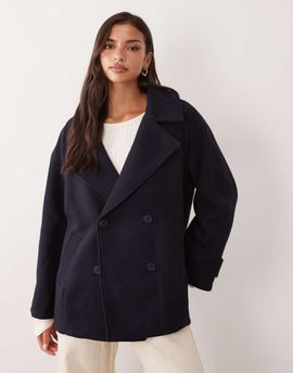 Nobody's Child Nobody's Child Pea wool short line button down coat in navy-Blue