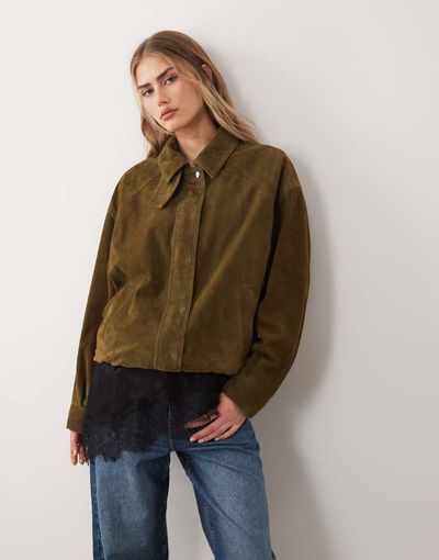 Nobody's Child Nobody's Child real suede bomber jacket in khaki-Green