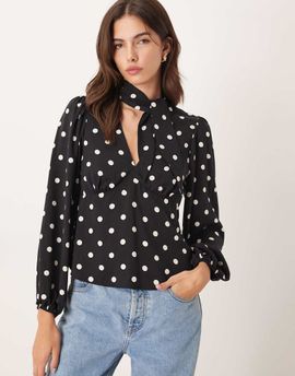 Nobody's Child Nobody's Child scarf detail v-neck blouse in black and white polka dot