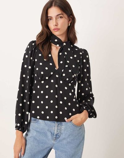 Nobody's Child Nobody's Child scarf detail v-neck blouse in black and white polka dot