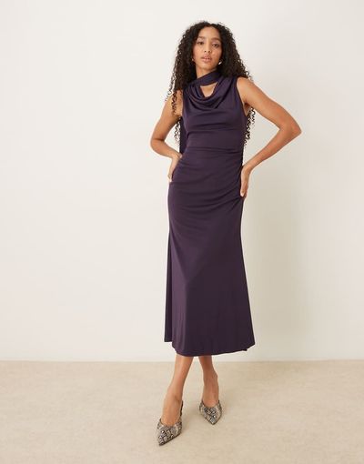 Nobody's Child Nobody's Child Seren scarf tie neck midi dress in dark grape-Purple