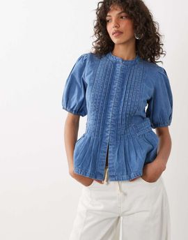 Nobody's Child Nobody's Child Tillie denim crew neck pleated front hook and eye detailing peplum top in blue